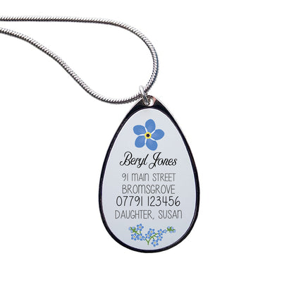 Personalised Dementia Necklace, Dementia Pendant Memory Loss Jewellery, ICE Pendant Necklace, Alzheimer's Forget Me Not Pendant Necklace